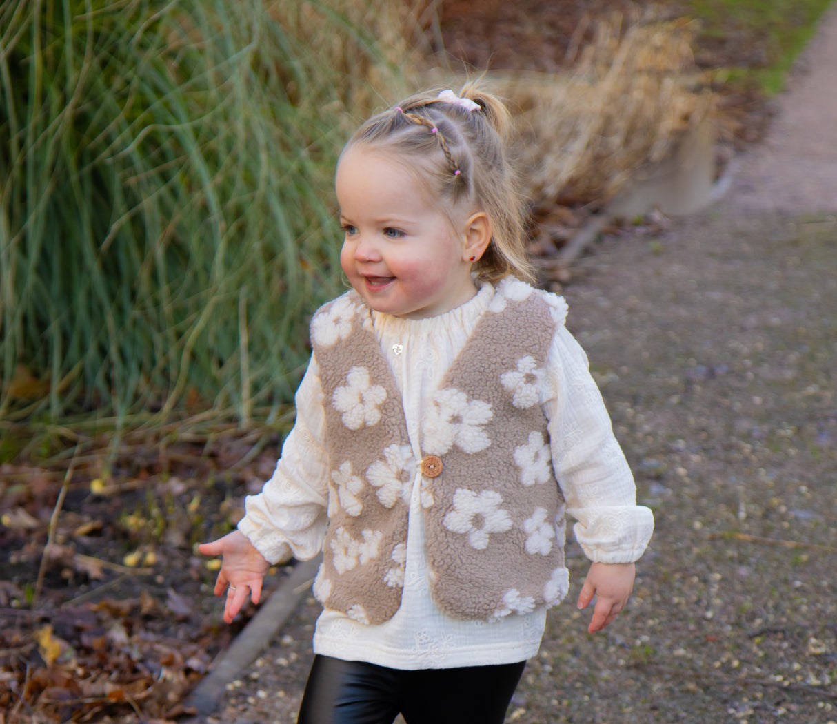 Gilet teddy bloemen beige/taupe