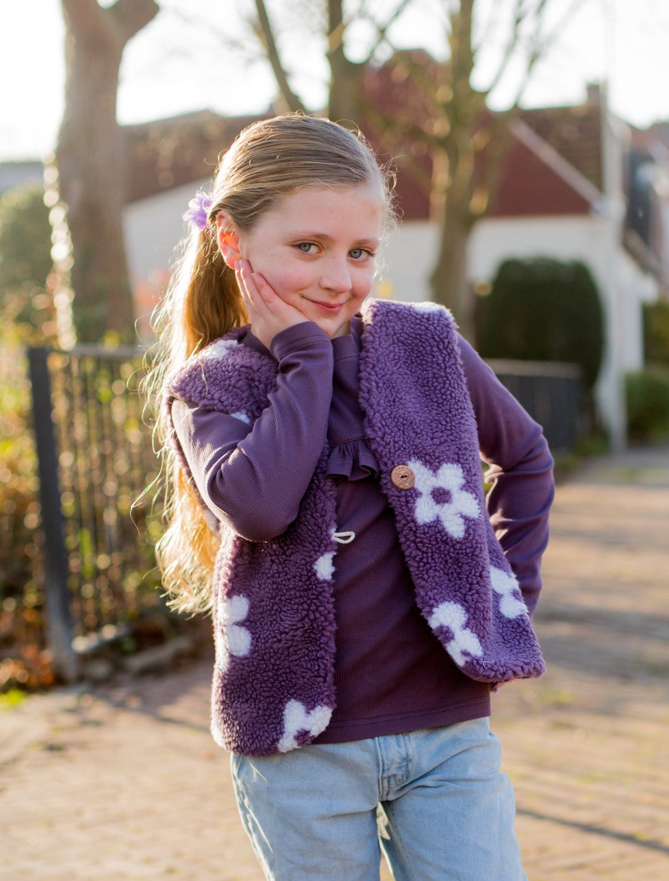 Gilet teddy paars met bloemen