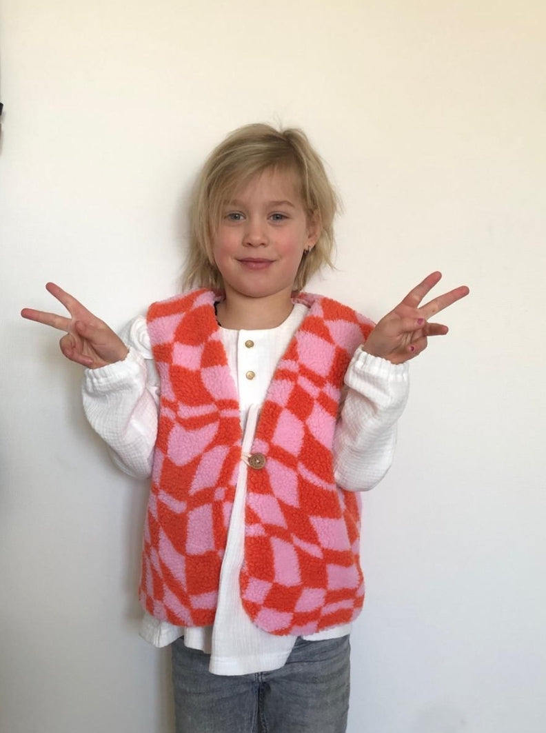Gilet teddy graphic oranje/roze