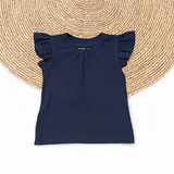 Ruffle top Emma donker blauw (fijne rib)