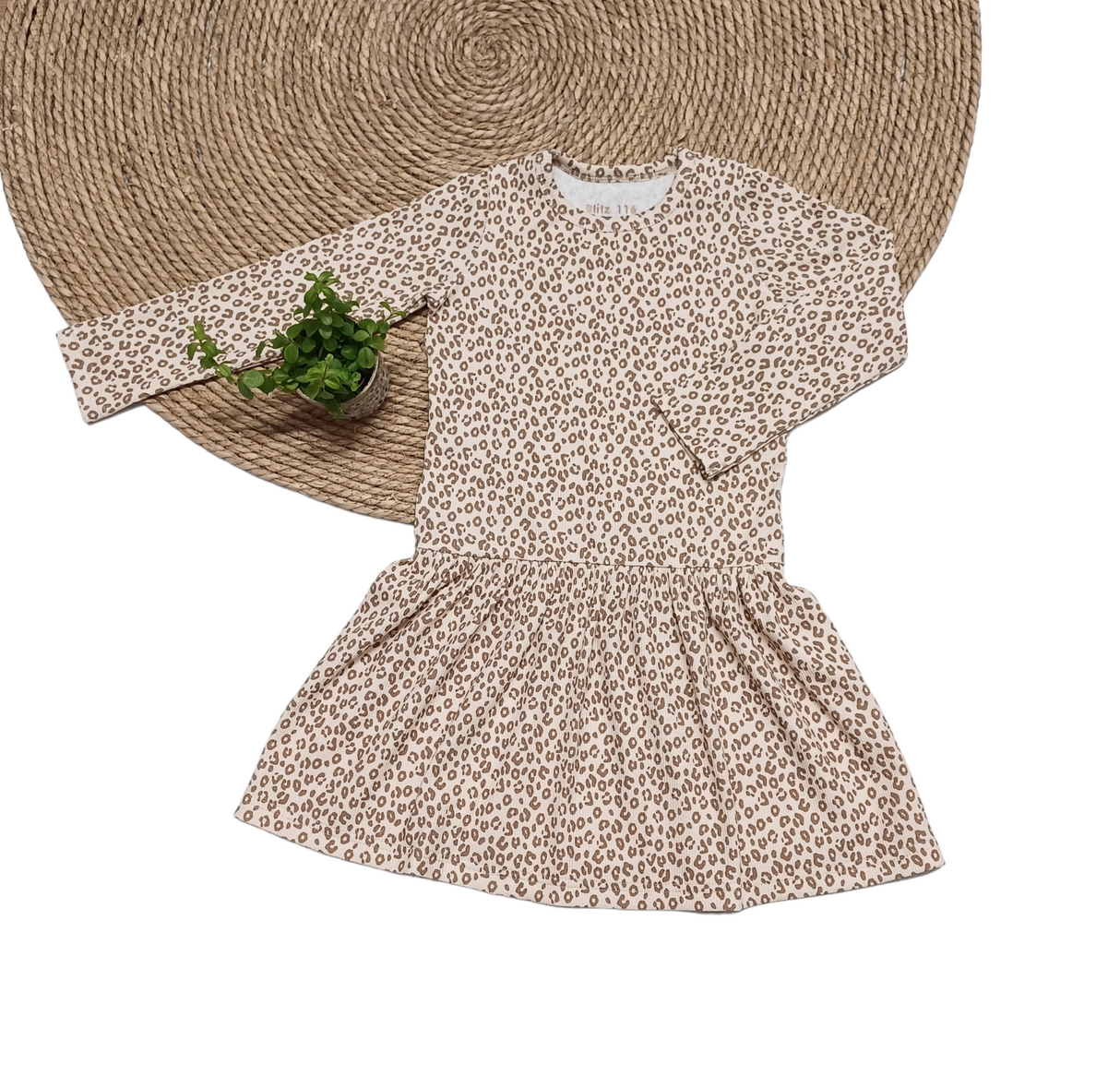 Dropwaist jurk Femke fijne rib met print