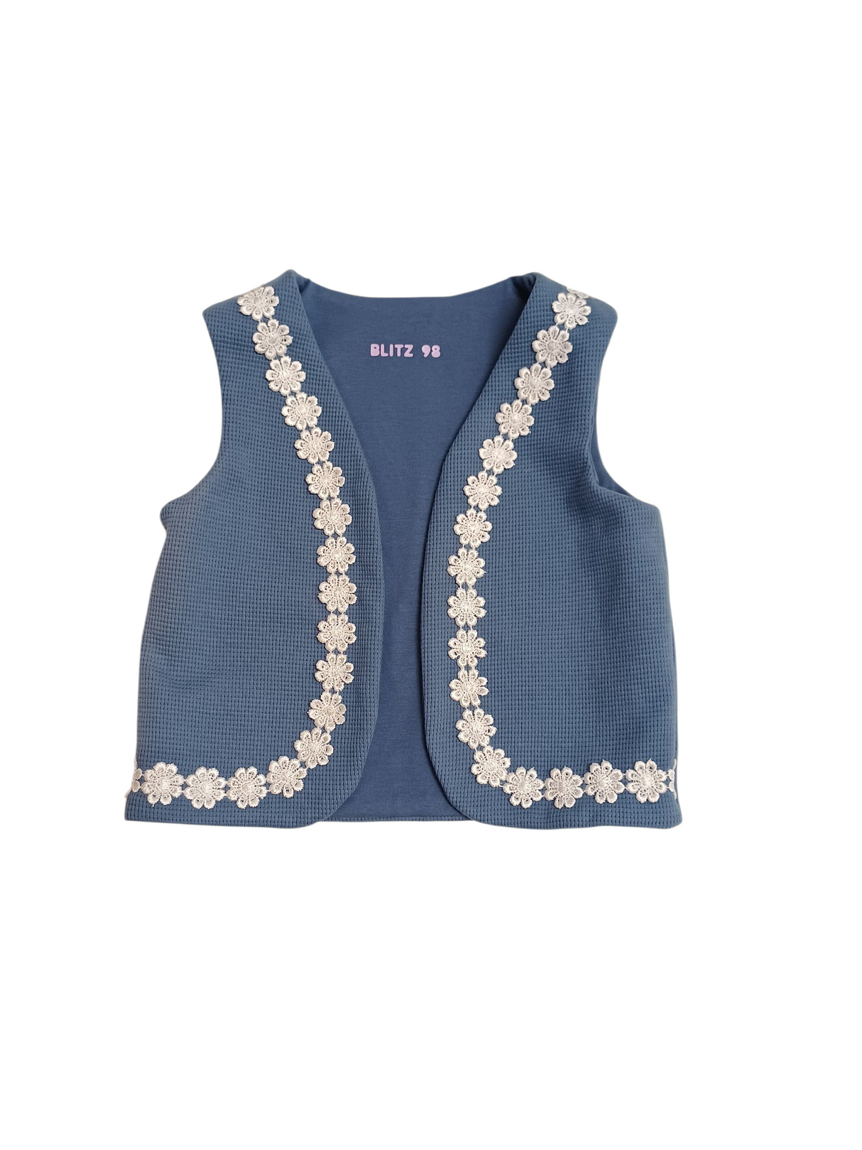 SALE MAAT 98 Gilet wafel jeansblauw met sierband
